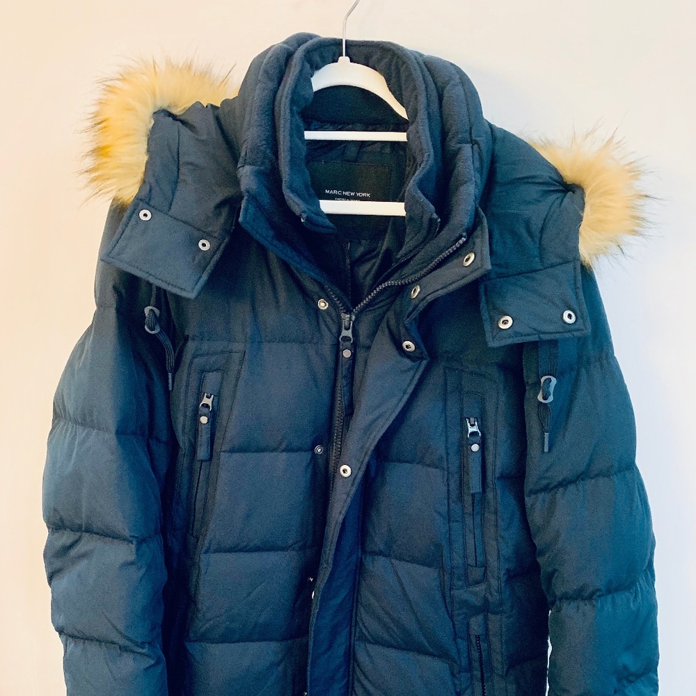 Mens L Puffer Jacket Navy Faux Fur Trim